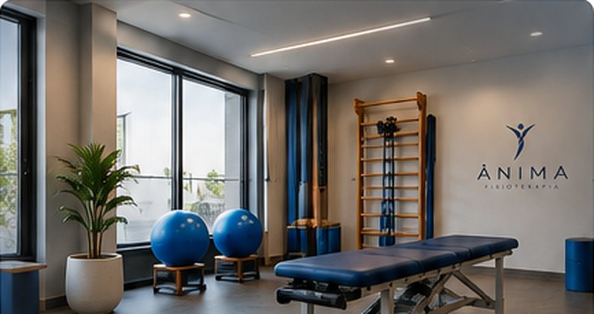 Sala de atendimento da ÂNIMA com maca, bolas de pilates e espaldar