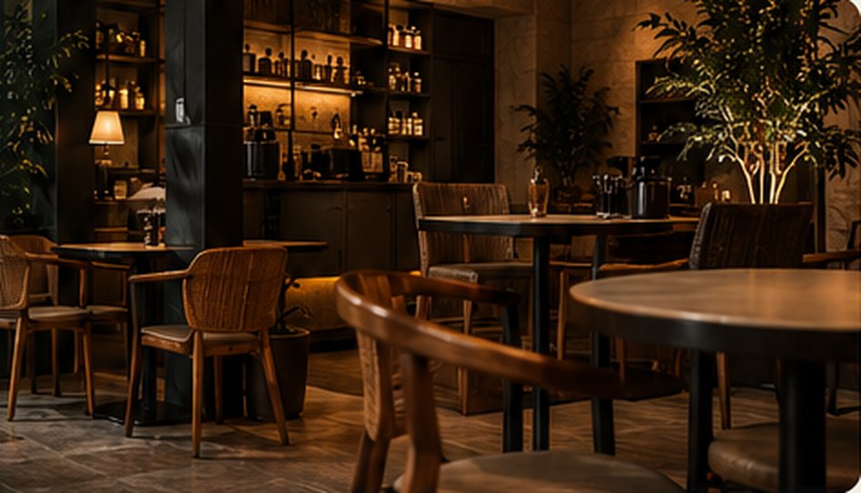 Salão do café BRUMA com mesas de madeira e luz baixa