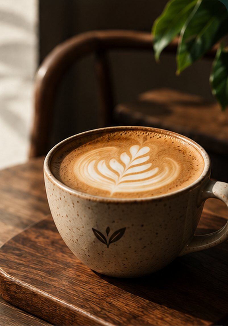 Cappuccino com arte no leite em xícara BRUMA sobre mesa de madeira