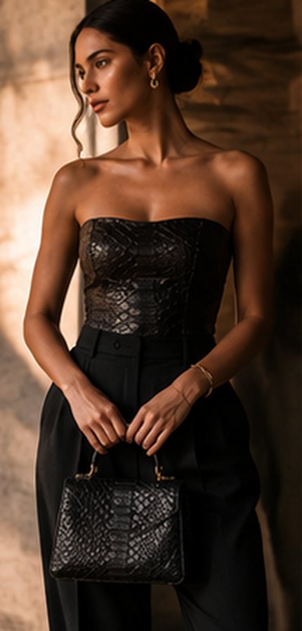 Corset de couro de pirarucu preto com bolsa preta