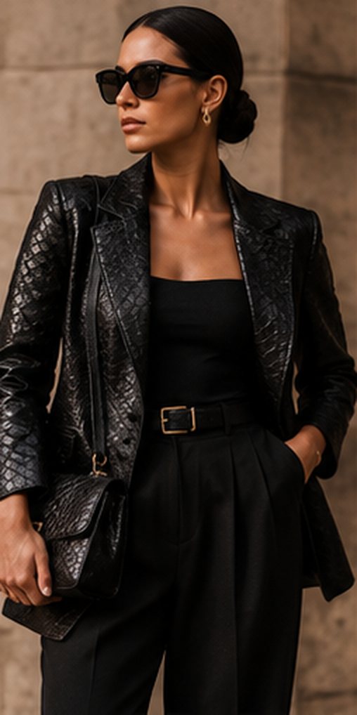 Look com jaqueta de couro de pirarucu preta e bolsa preta